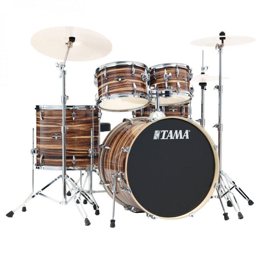 Tama drum set with wooden finish on a white background