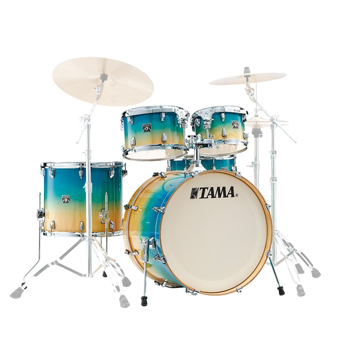 Tama drum set with gradient blue and orange finish on a white background