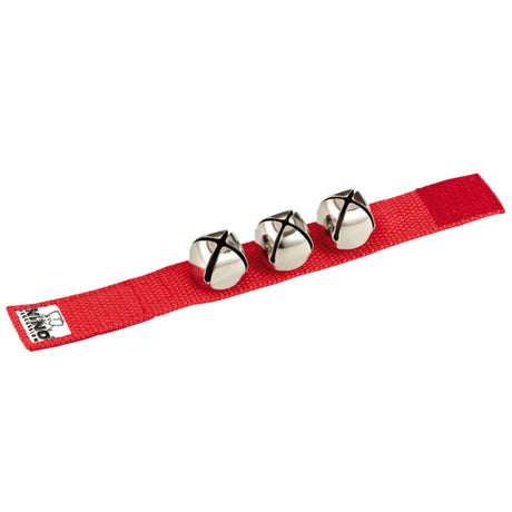 Three metal jingles on a red strap with a white background