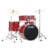 Red Tama drum set on a white background