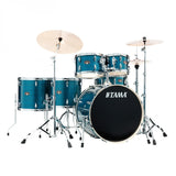 Blue Tama drum set with cymbals on a white background